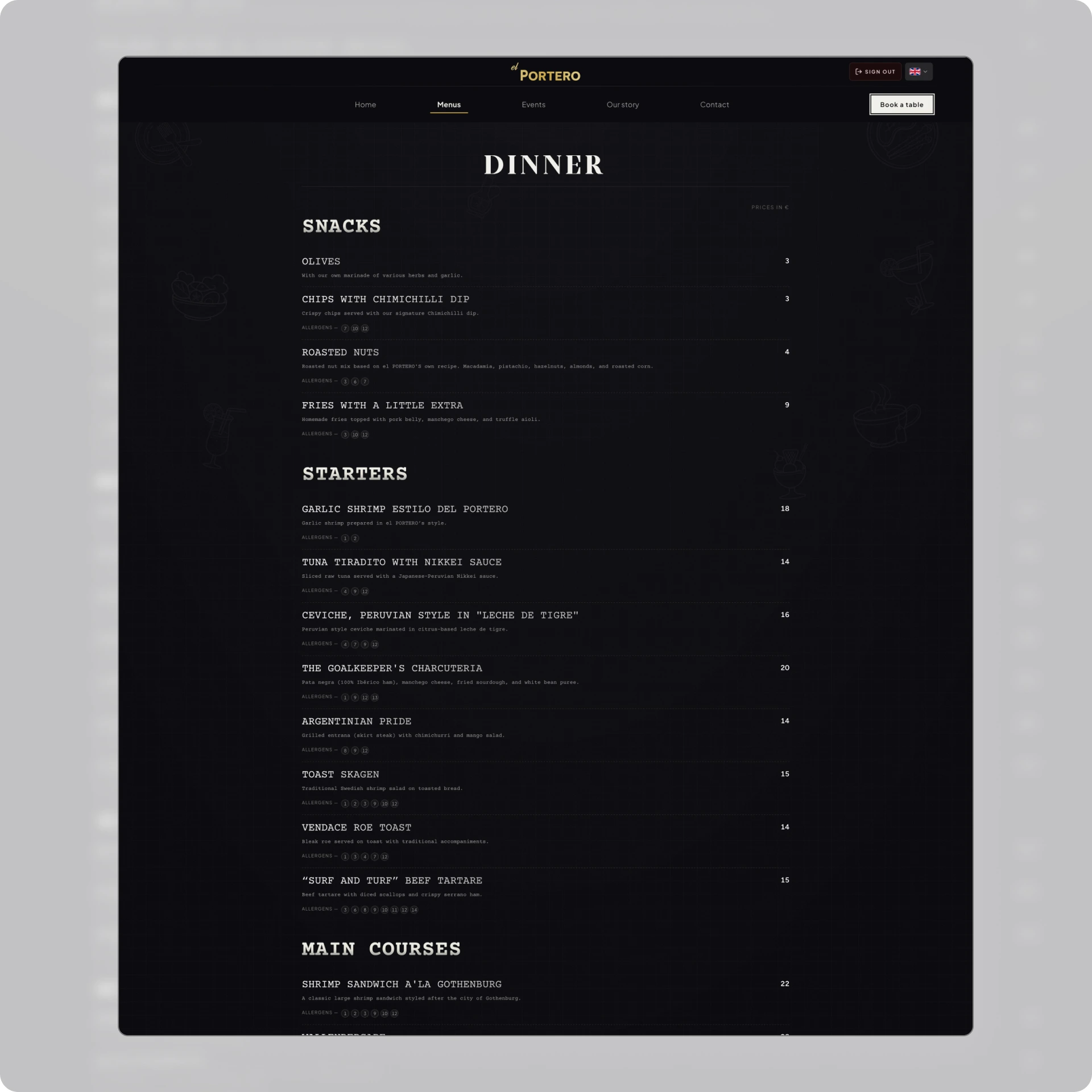 El Portero dinner menu on the guest site