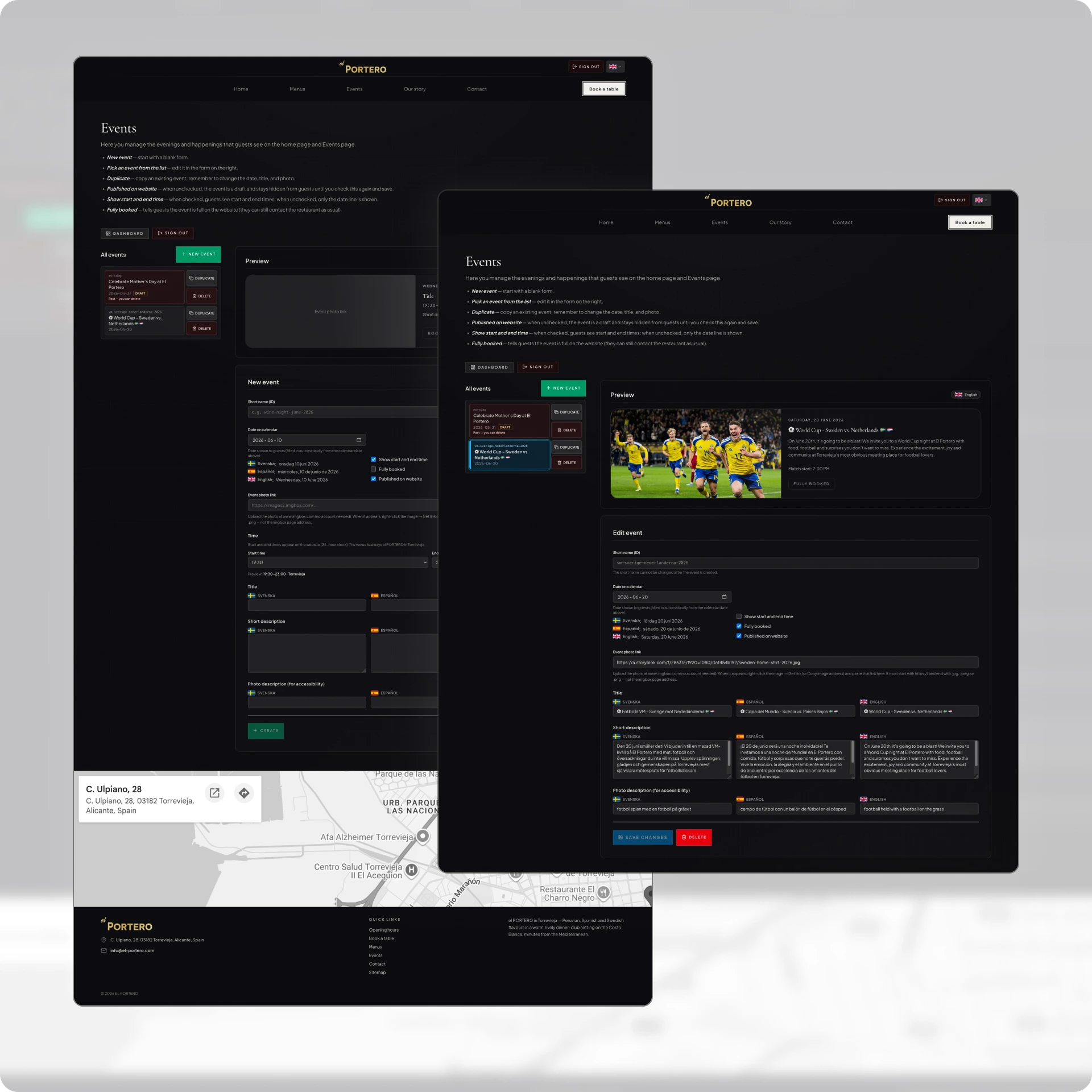 El Portero admin portal events editor