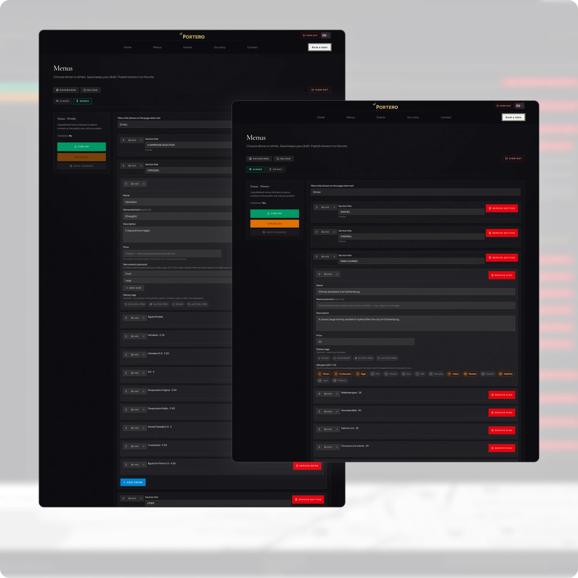 El Portero admin portal menu editor