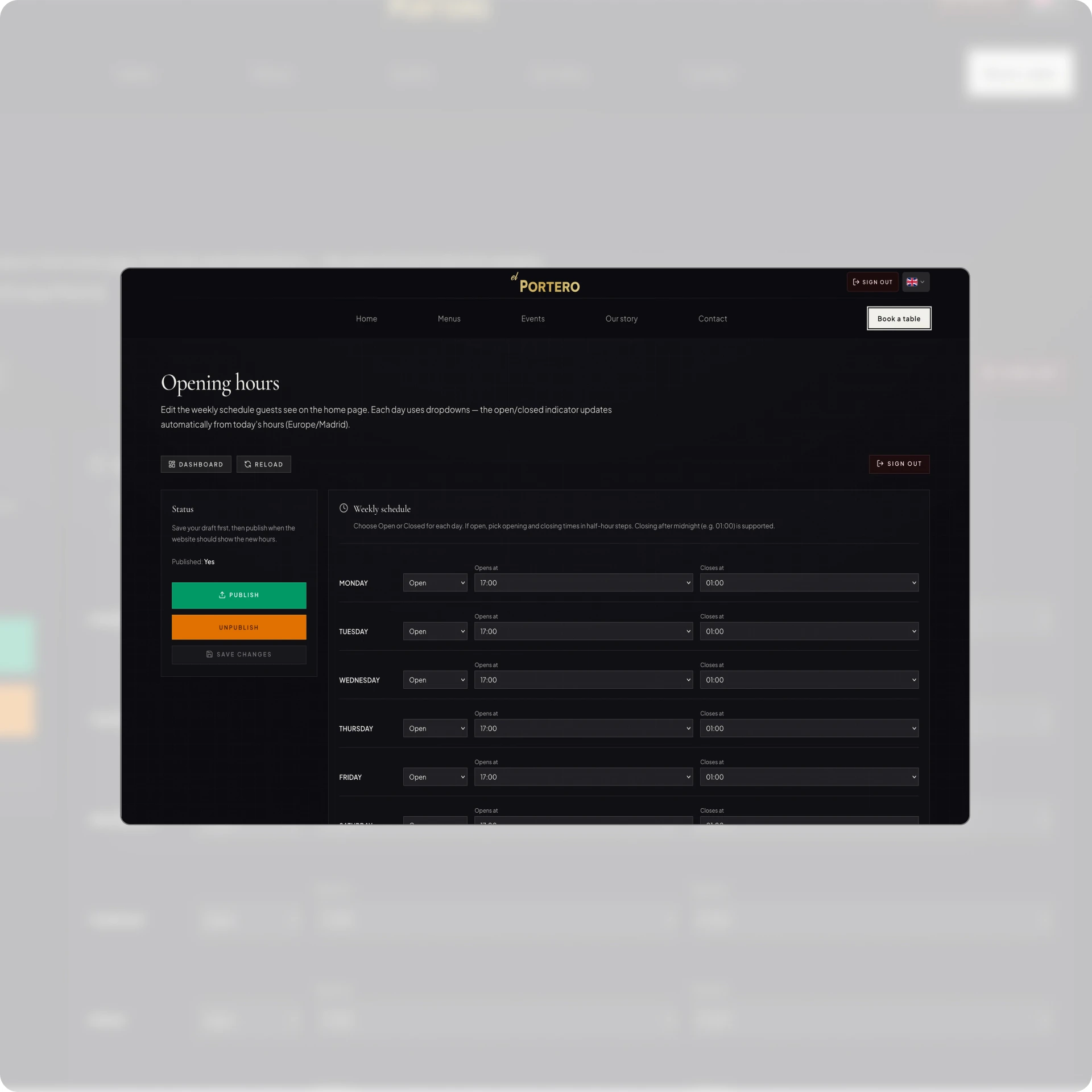 El Portero admin portal opening hours editor