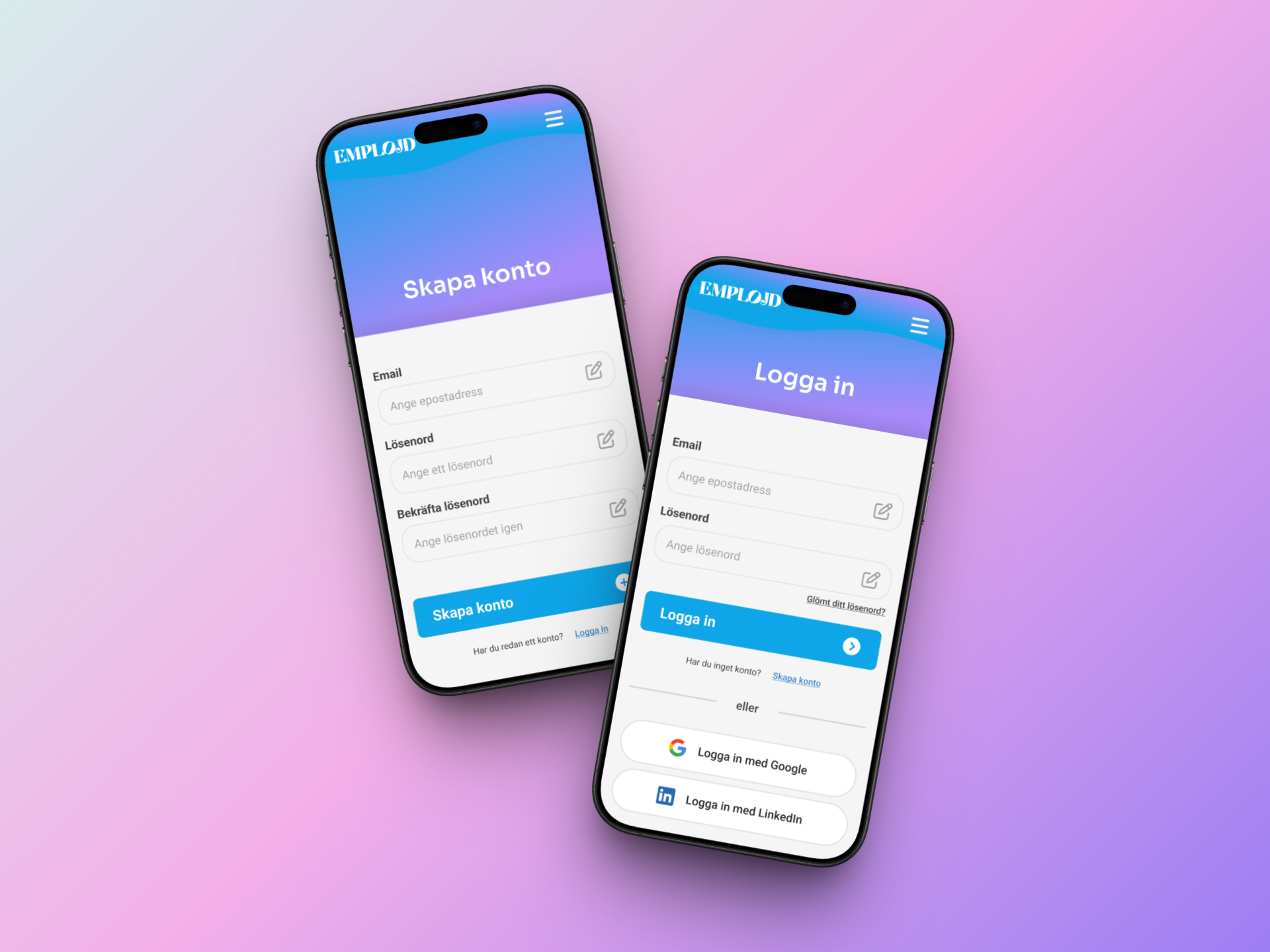 Emplojd sign in and create account screens